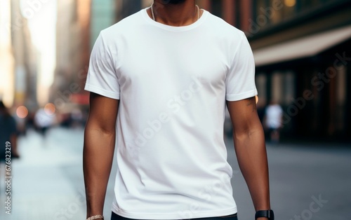 T Shirt Mockup. African american man wearing a white blank T-shirt. AI Generative