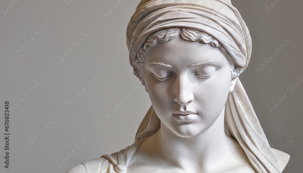 Sculpted Elegance: Greek Mythological Bust with Vibrant Red Blindfold