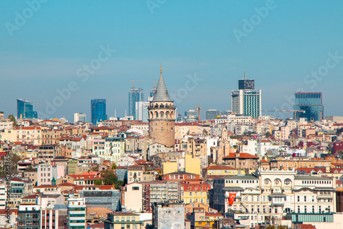 Galata Tower in Beyoglu district and old houses. Istanbul, Turkey