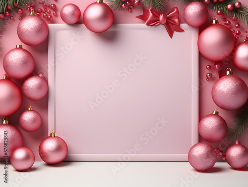 3d render of christmas background with pink baubles and gift box