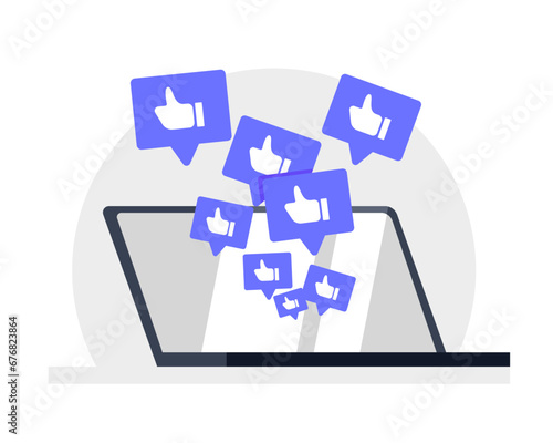 Vector illustration of a laptop monitor and a lot of likes.