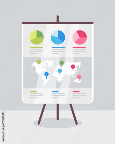 Vector illustration of roll up banner with information, world map and map pins.
