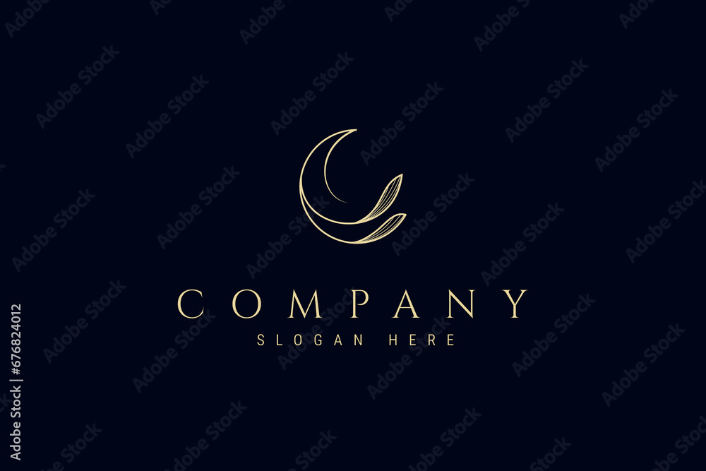 crescent moon logo with floral plant combination in line art design style crescent moon logo with floral plant combination in line art design style