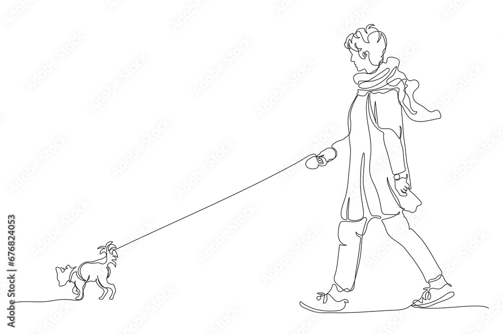 Fototapeta premium Woman with small dog walking. Wearing light coat and scarf. Single line drawing. Black and white vector illustration in line art style.