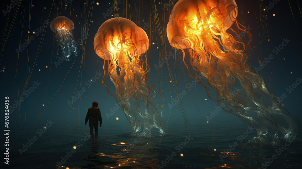 Naklejka premium In the depths of the sea, man observes jellyfish. Exploration, mystery.