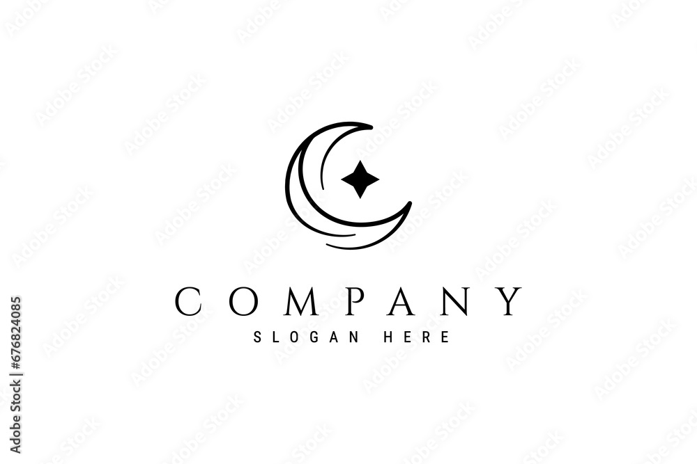crescent moon logo with star combination in line art design style