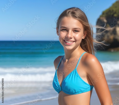 Cute and funny teenage girl in a swimsuit stand on sea beach