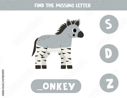 Find missing letter with cartoon zonkey. Spelling worksheet.