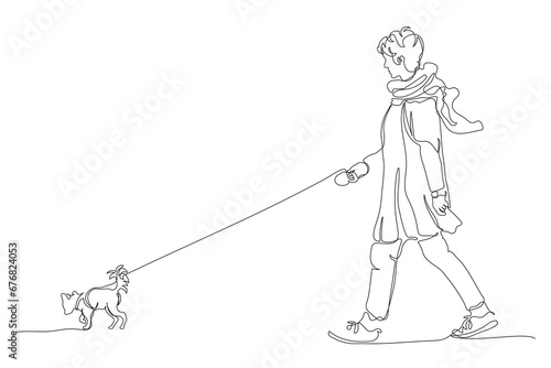 Woman with small dog walking. Wearing light coat and scarf. Single line drawing. Black and white vector illustration in line art style.