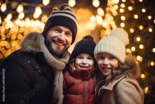 Happy family Christmas portrait, smiling father with two children on Christmas time outdoors. Winter holidays concept.