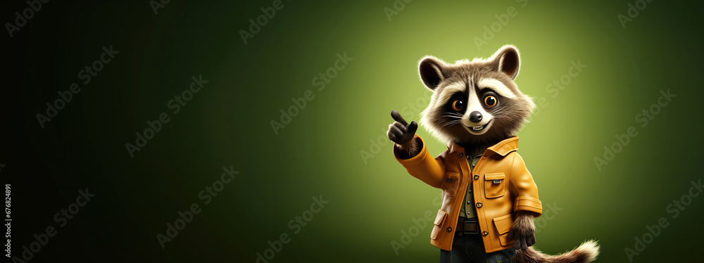 cute cartoon character raccoon points paw at copy space on an green isolated background - obrazy, fototapety, plakaty 