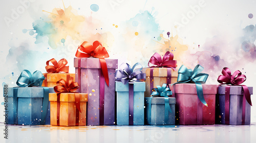 Watercolor christmas colorfull gift boxes