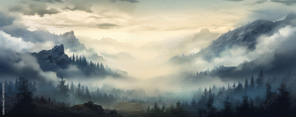 Foggy morning in the forest, mountain landscape Foggy morning in the forest, mountain landscape