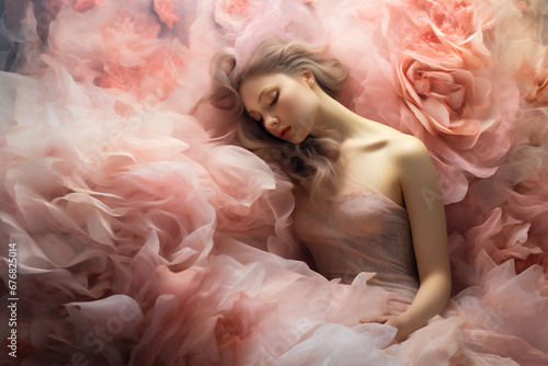 Fabulous composition with a young woman surrounded by a large diaphanous veil