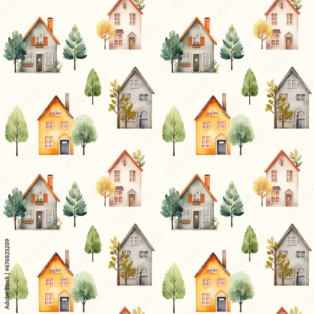 Naklejka premium Cute watercolor buildings and trees. European houses seamless pattern. Trendy scandi vector background