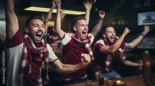 Football fans watching match at pub. Generative Ai