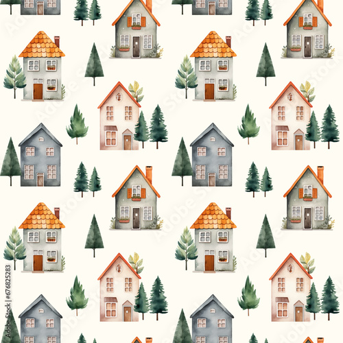 Cute watercolor buildings and trees. European houses seamless pattern. Trendy scandi vector background
