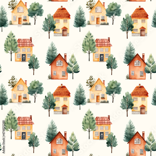 Cute watercolor buildings and trees. European houses seamless pattern. Trendy scandi vector background