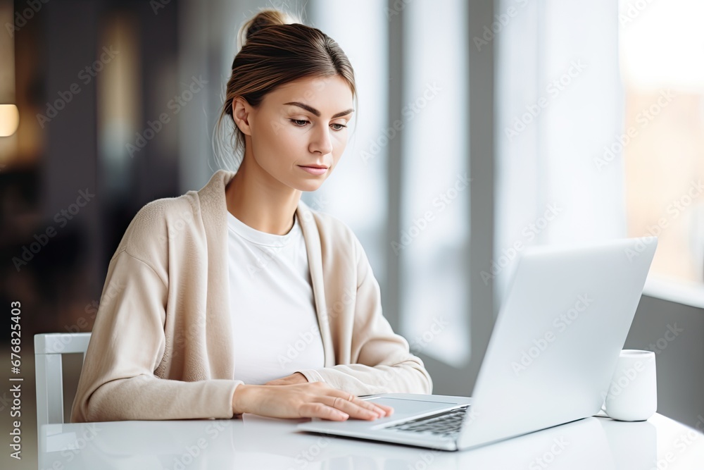 Young and successful business woman working on a laptop in a modern office, combining beauty and professionalism. Young and successful business woman working on a laptop in a modern office, combining beauty and professionalism.