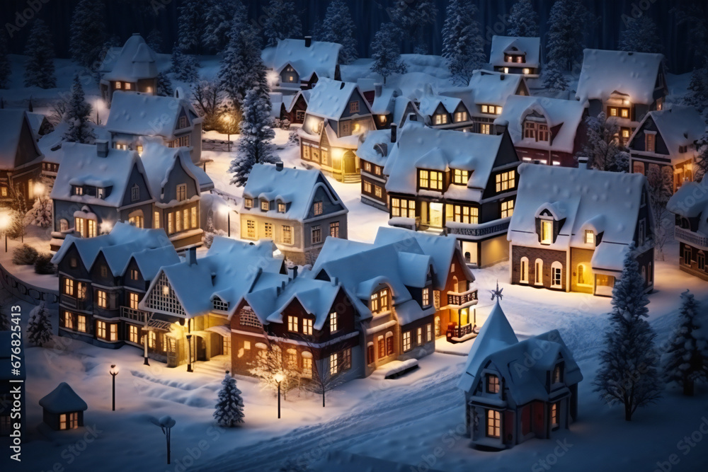 An upper view of a small town in Christmas, with houses covered in snow