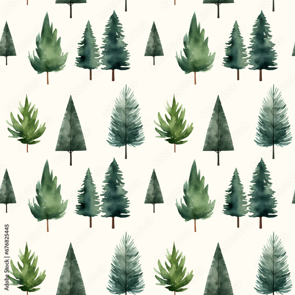 Cute watercolor fir trees seamless pattern. Trees floral background. Trendy scandi vector background
