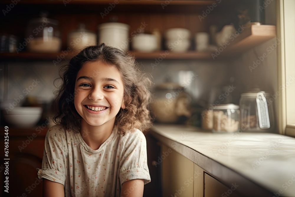 A cute, cheerful and happy girl is sitting in her kitchen.