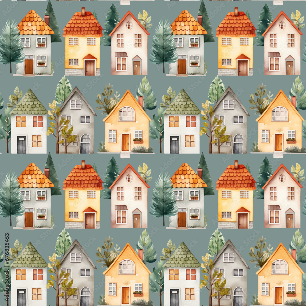 European houses seamless pattern. Cute watercolor buildings and trees. Trendy scandi vector background