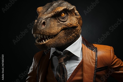 AI generated illustration of a dinosaur wearing a suit and tie