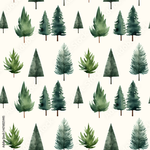 Cute watercolor fir trees seamless pattern. Trees floral background. Trendy scandi vector background photo