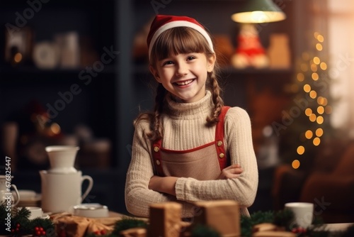 A little girl celebrates Christmas with excitement and love, surrounded by holiday decorations and gifts.