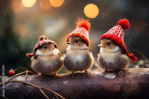 Three cute little birds on a tree branch in winter, wearing small hats © Adrian Grosu