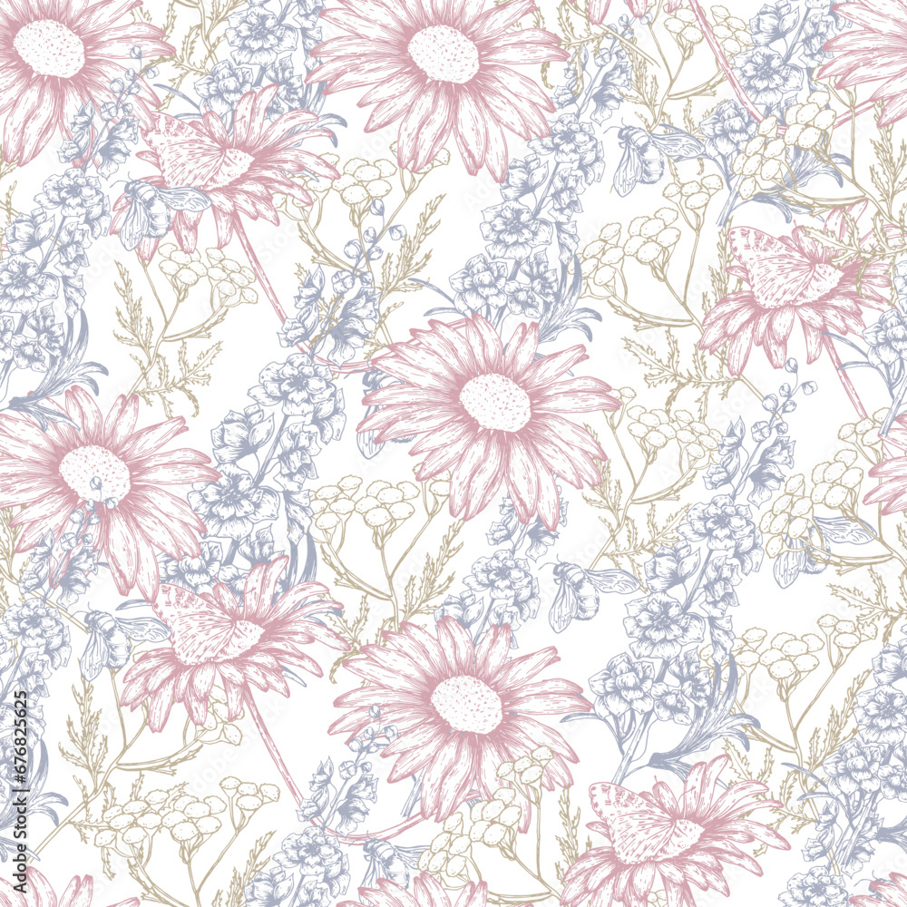 Seamless vector botanical pattern with flowers, twigs and insects for printing bedding, textiles, scrapbooking, wallpaper. Delicate floral pattern with hand-drawn elements