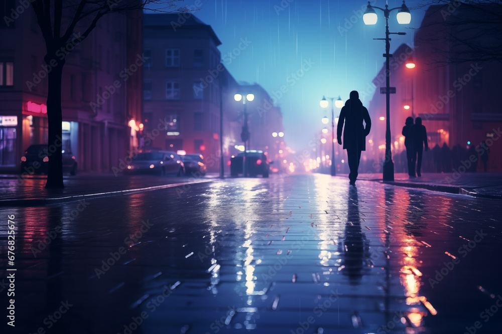 People walking at night rain street. Generative AI