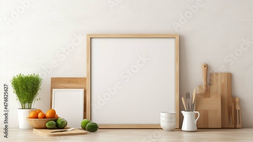 A photo of a mockup poster empty frame on a shelf in a modern kitchen. The frame is surrounded by kitchen utensils  dishes  and cookbooks. The background is a blurred view of the kitchen