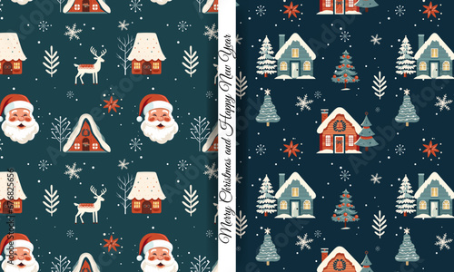 Set of winter seamless patterns with cute santa and houses. Scandinavian Christmas pattern. Winter background