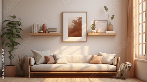 A photo of a mockup poster empty frame on a shelf in a cozy living room. The frame is surrounded by plants  pillows  and other soft furnishings. The background is a blurred view of the living room.