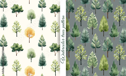 Set of watercolor trees seamless pattern. Cute trees wallpaper. Trendy scandi vector backgrounds photo