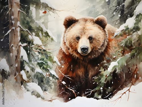 Digital painting of a bear wearing a Santa Claus hat. Christmas illustration.