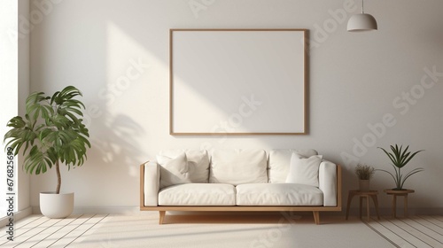 An empty poster frame hanging on a white wall in a minimalist living room. The room is furnished with a white sofa  a wooden coffee table  and a few plants. The sun is streaming through the window  c