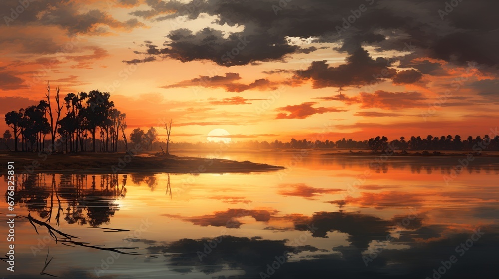 Nature landscape with sunset at coast of the lake. AI generated image