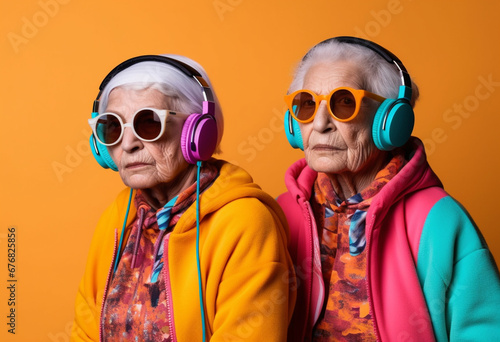 Two Eccentric Grandmothers Groove to the Beat, Sporting Headphones, Sunglasses, and Vibrant Fashion in a Kaleidoscope of Colors, AI generated