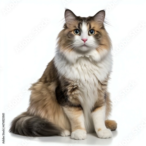 Tricolor maine coon cat with blue eyes sitting on white background