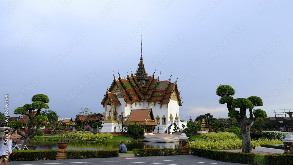 Aerial view of Dusit Maha Prasat Hall in Bangkok, Thailand on blue sky background