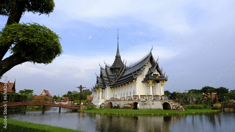 Scenic view of Sanphet Prasat palace in Bangkok, Thailand on blue sky background