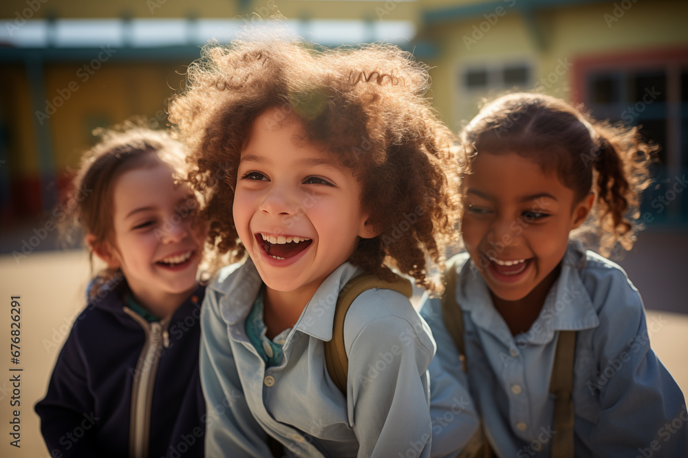 Smiling kids sitting outdoor together. Generative AI