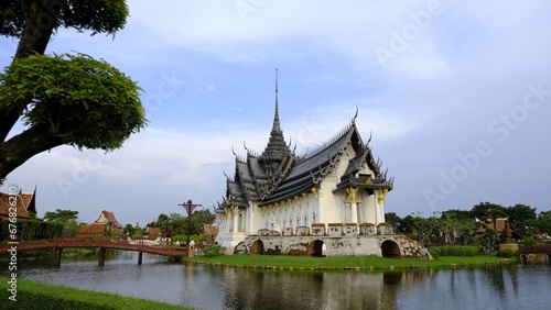 Scenic view of Sanphet Prasat palace in Bangkok  Thailand on blue sky background