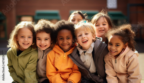 Team of smiling kids outdoor. Generative AI