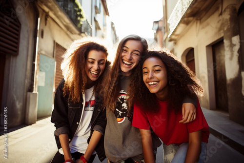 Portrait of happy smiling teenage friends on street. Generative AI photo