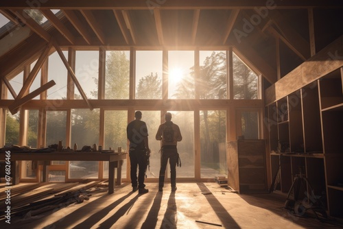 Two construction workers standing inside a sunlit construction site.
