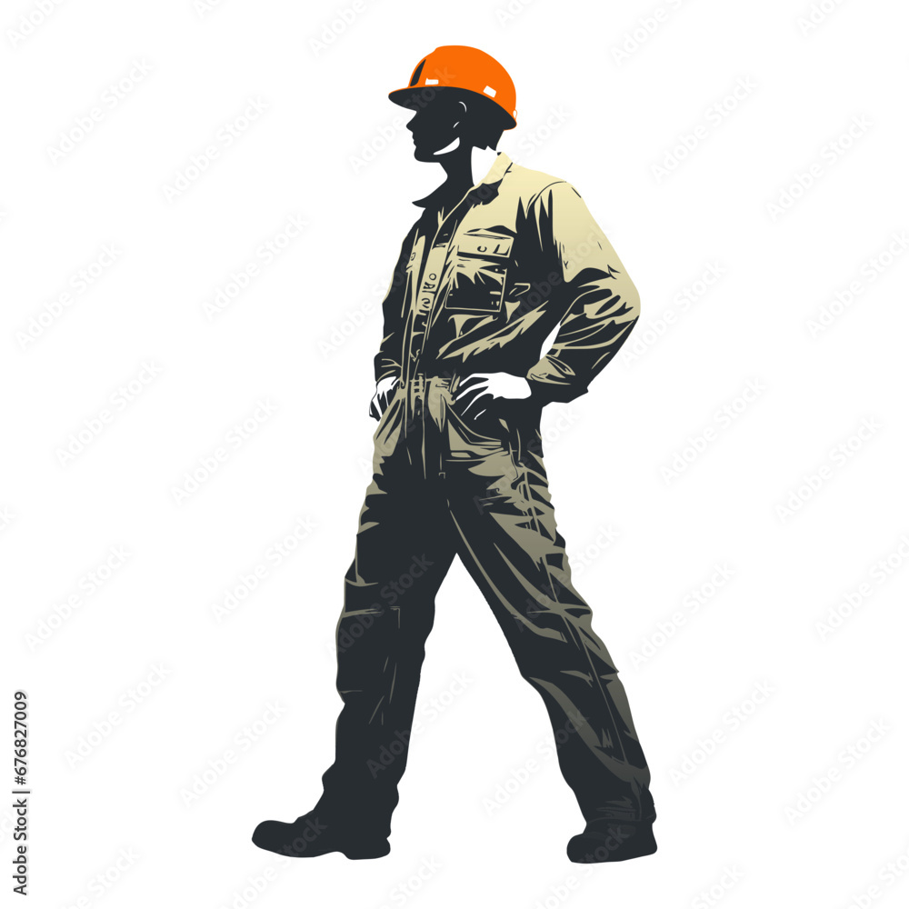 Construction worker poses wearing helmet and khaki work overall. Warehouse worker in uniform. Transparent PNG. Retro clipart. Worker silhouette. Abstract vector illustration isolated on white Construction worker poses wearing helmet and khaki work overall. Warehouse worker in uniform. Transparent PNG. Retro clipart. Worker silhouette. Abstract vector illustration isolated on white